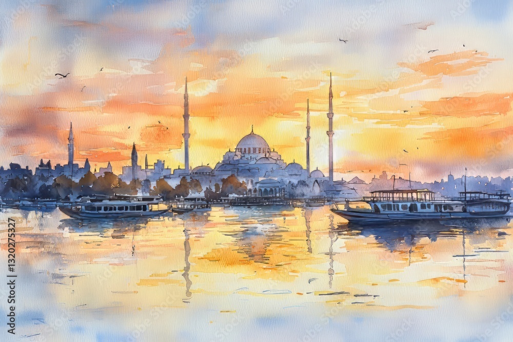 Fototapeta premium Watercolor painting of a golden hour cityscape during Ramadhan, with a peaceful waterfront where boats reflect the golden light. A distant mosque stands