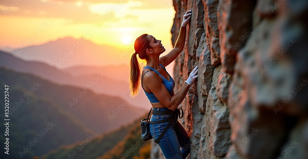 Obraz premium female rock climber ascending cliff face at sunset with chalked hands in sports action