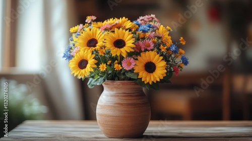 Wallpaper Mural Sunflowers, daisies bouquet in rustic vase, wooden table, home interior Torontodigital.ca