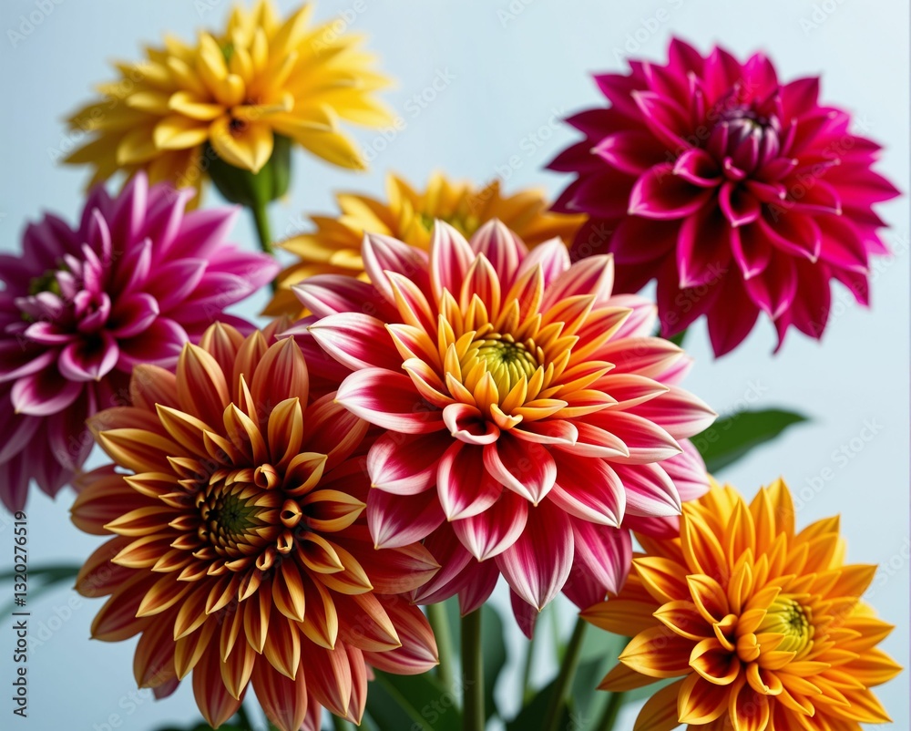 Fototapeta premium A vibrant bouquet of colorful dahlias, showcasing shades of yellow, pink, and orange, arranged beautifully against a soft blue background.