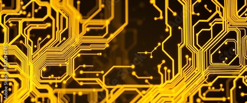 Abstract background of glowing yellow circuitry, intricate tech design, texture, modern