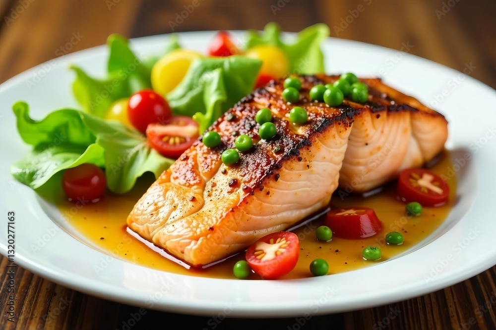 Freshly cooked salmon fillet with colorful salad on a white plate, salmon, fresh, seafood Freshly cooked salmon fillet with colorful salad on a white plate, salmon, fresh, seafood