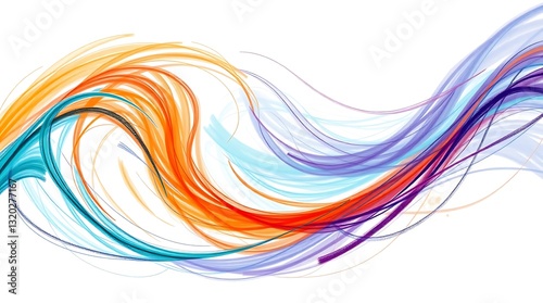 Vibrant Flowing Colors Dancing In A Harmonious Swirl, A Dynamic Interplay Of Orange, Teal, And Purple Hues Against A Bright White Background