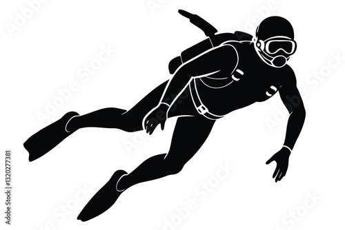 black Scuba diver silhouette in cutout art style white background