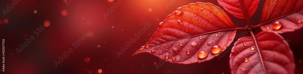Fototapeta premium Close-up of red and gold leaves with dew drops, foliage, dew