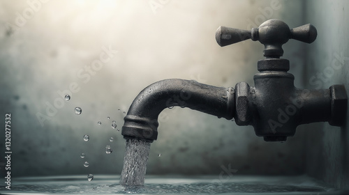 An old, rustic water tap with water flowing from its spout - Generative AI