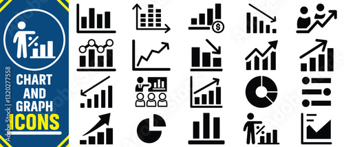 Growth icon set. Containing performance, gain,improvement, grow,chart,increase,evolution and development icons. Solid icon collection.Business graphs and charts icons. Statistics and analytics vector.