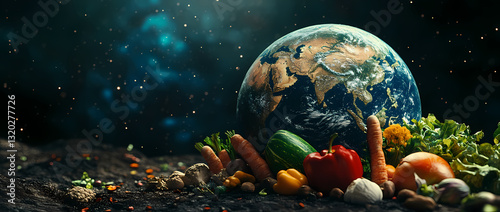 Earth's Bounty: A vibrant collection of fresh, wholesome vegetables bursts forth from a barren landscape, with Earth hovering majestically in the background, symbolizing the source of nourishment.