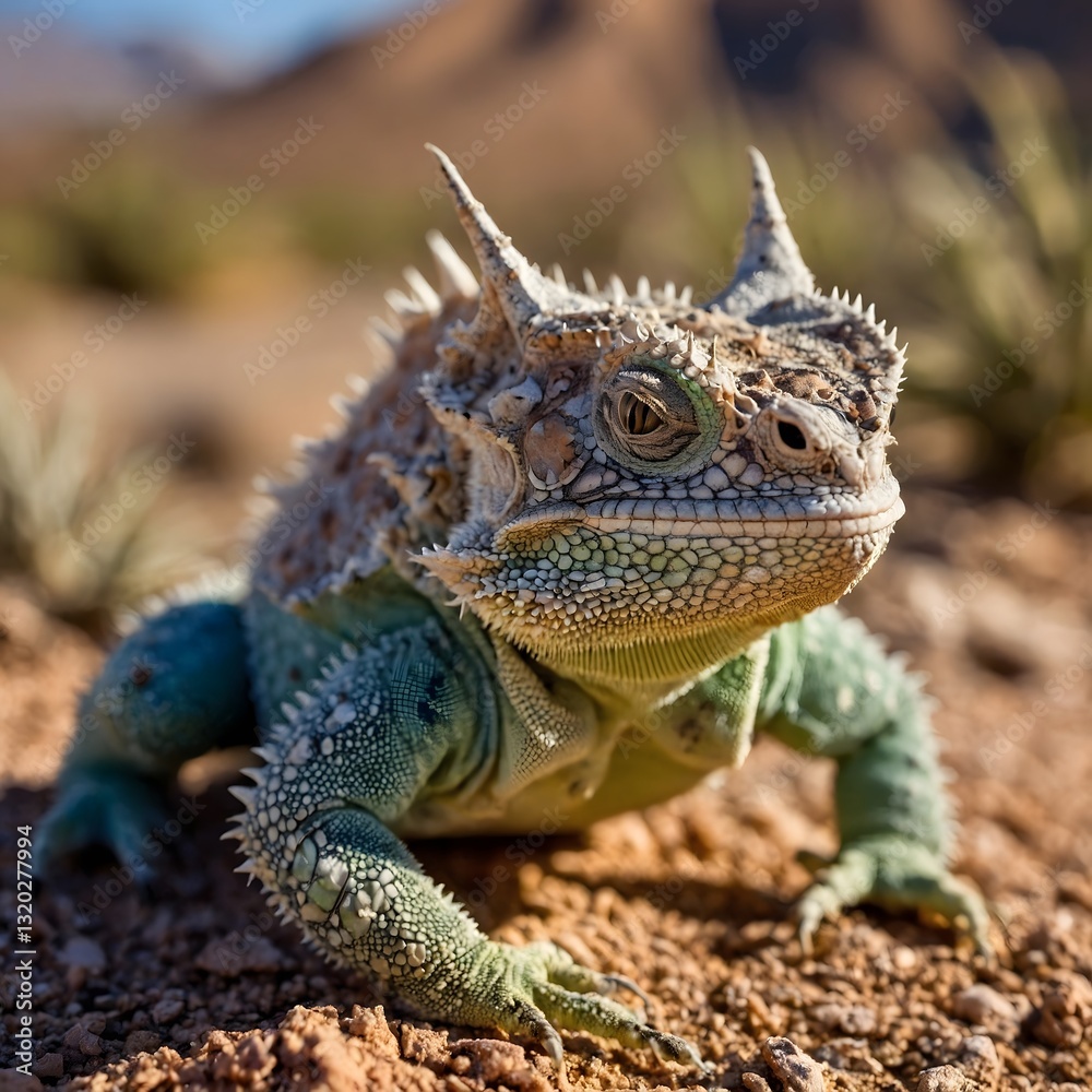 Obraz premium Horned Lizard's Intricate Scales and Horns in Soft Desert Light