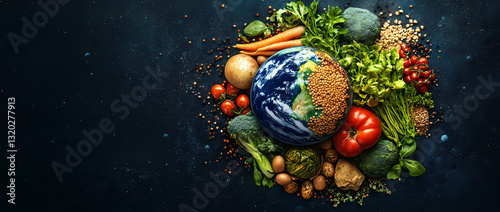 Nourishing the Planet: A vibrant arrangement of fresh, healthy produce encircles a symbolic Earth, representing sustainable choices for a thriving world.