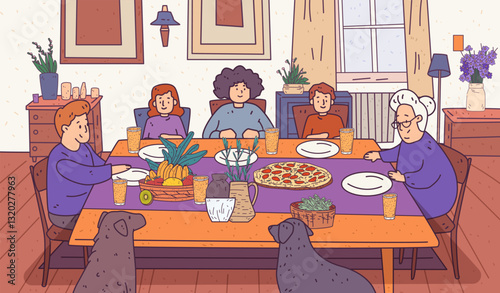 Family dinner gathering cozy home setting. People seated around a table with pizza fruits drinks dogs nearby warm colors interior decor. Perfect for website design