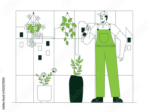 Man is taking care using a plant sprayer in a private garden illustration. Urban Farming illustration. Flat vector illustration concept