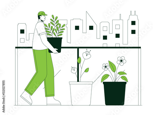 Man walking while carrying a large potted plant illustration. Urban Farming illustration. Flat vector illustration concept