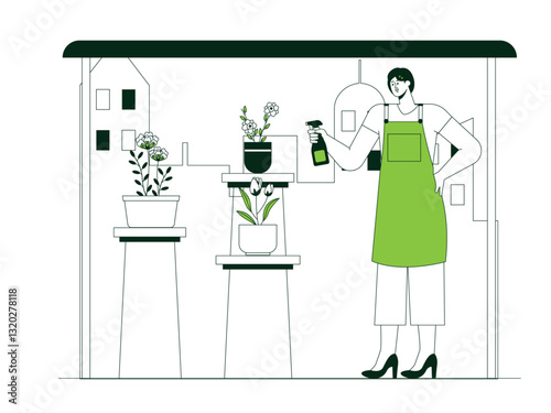 Woman is taking care using a plant sprayer in a private garden illustration. Urban Farming illustration. Flat vector illustration concept