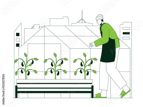 Young farmer is taking care of eggplant plants illustration. Urban Farming illustration. Flat vector illustration concept