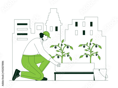 Individual taking care of plants in a large pot illustration. Urban Farming illustration. Flat vector illustration concept