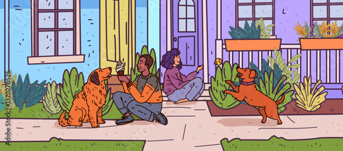 People enjoying outdoor time with dogs playful scene with two people and dogs in front of colorful house plants vibrant colors friendly atmosphere