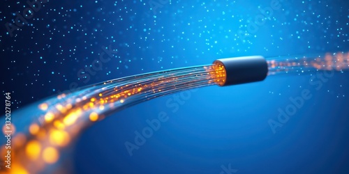 Glowing Fiber Optic Cable with Light Trails on Vibrant Blue Background