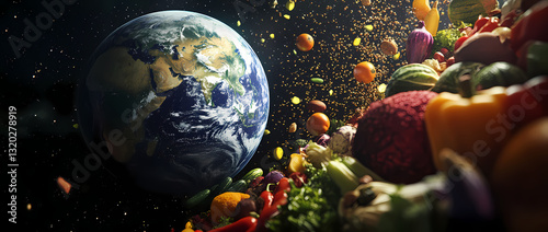 A Delicious Universe: An artistic rendering of the Earth surrounded by an explosion of colorful fruits and vegetables.