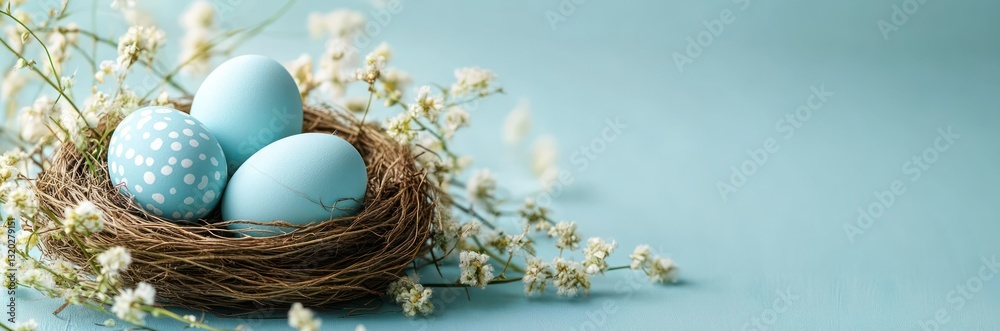Blue Pastel Easter Eggs in Nest with Floral Elements on Bright Cyan Background Blue Pastel Easter Eggs in Nest with Floral Elements on Bright Cyan Background