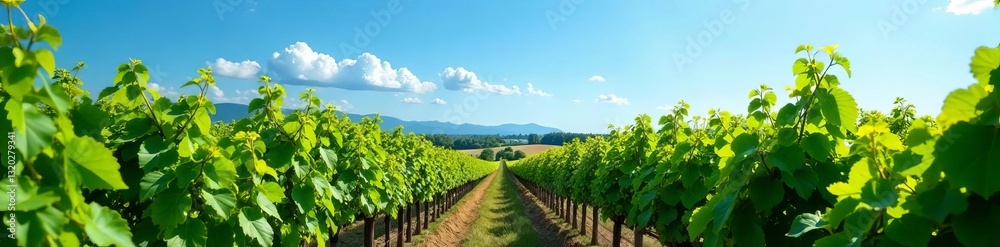 Fototapeta premium Lush green vineyard rows under blue sky, agricultural landscape, vine trellis, grape vines, vineyard