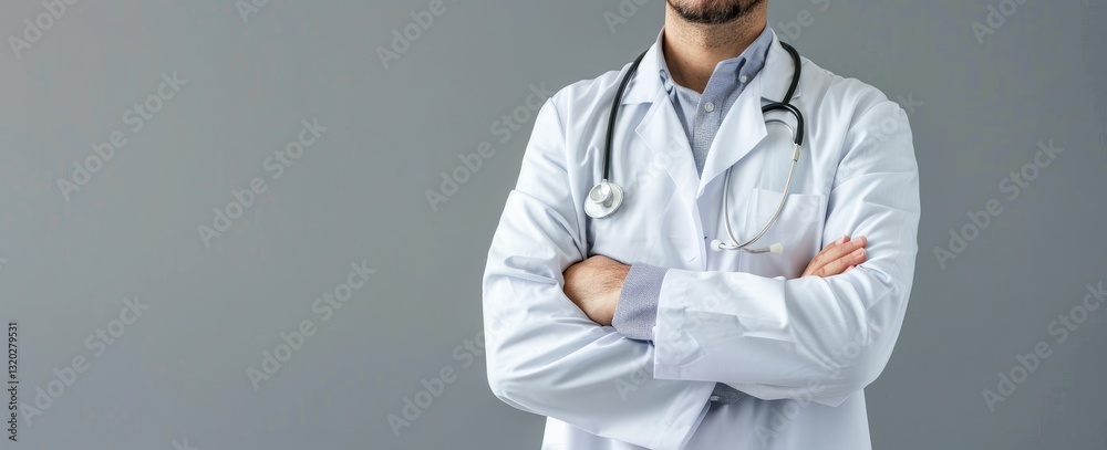Doctor in white coat and stethoscope standing with arms crossed in front of grey background. Suitable for medical design etc. Doctor in white coat and stethoscope standing with arms crossed in front of grey background. Suitable for medical design etc.