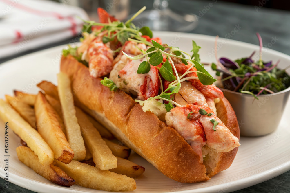 Gourmet Lobster Roll with Fresh Maine Lobster Meat and Crispy Fries on a Plate Gourmet Lobster Roll with Fresh Maine Lobster Meat and Crispy Fries on a Plate