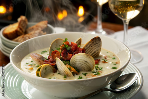 Luxurious New England Clam Chowder Served Hot with Fresh Ingredients and Warm Bread on the Side photo