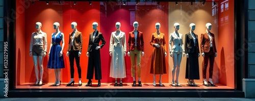 Elegant high fashion window display with mannequins wearing trendy clothing, fashion, display