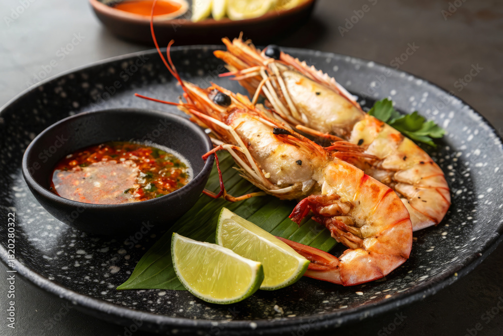 Thai Style Grilled River Prawns with Spicy Dipping Sauce and Fresh Lime Wedges Thai Style Grilled River Prawns with Spicy Dipping Sauce and Fresh Lime Wedges