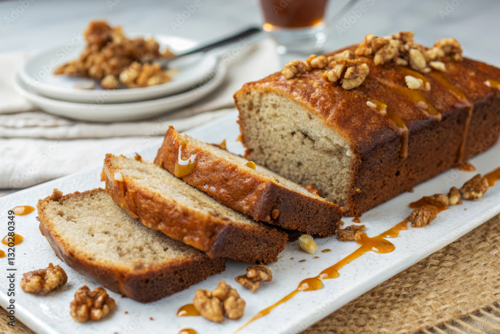 Simple Yet Elegant Banana Bread Loaf Sliced with Nuts and Caramel Drizzle on White Platter Simple Yet Elegant Banana Bread Loaf Sliced with Nuts and Caramel Drizzle on White Platter