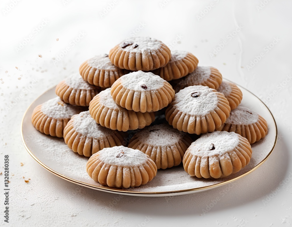 lebanese maamoul cookies filled with dates and walnuts, dusted with powdered sugar isolated on white background lebanese maamoul cookies filled with dates and walnuts, dusted with powdered sugar isolated on white background