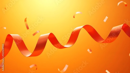 Striking orange background featuring a swirling ribbon and festive confetti accents