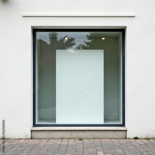 Empty store window with a blank sign against a white wall, window display, architecture