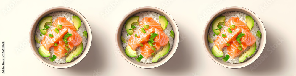 Salmon and Avocado Bowls: A visually appealing array of three bowls filled with vibrant salmon, creamy avocado, and fluffy rice, garnished with fresh herbs, representing a healthy and delicious meal Salmon and Avocado Bowls: A visually appealing array of three bowls filled with vibrant salmon, creamy avocado, and fluffy rice, garnished with fresh herbs, representing a healthy and delicious meal
