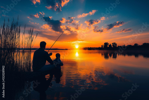 Father and child fishing silhouetted by vibrant sunset, creating memorable bonding moment.