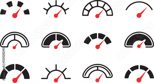 Collection of various speedometer icons in red and black