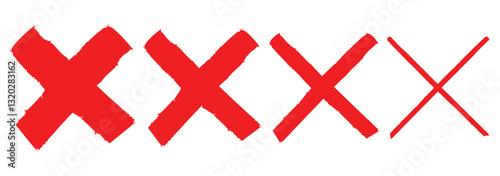 Set of hand drawn X marks in brush stroke. Grunge hand drawn strokes x sign. Hand drawn dirty grunge brush cross mark wrong symbol graphic design collection. Vector set of red hand-painted Wrong icons