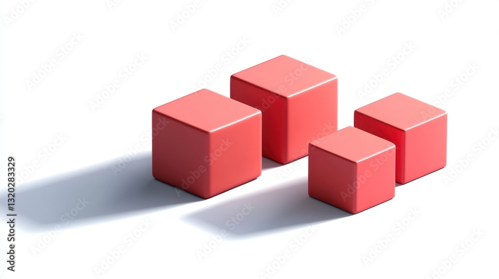 Four coral cubes, different sizes, cast shadows on white background. Four coral cubes, different sizes, cast shadows on white background.