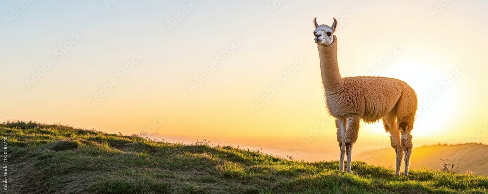 Fototapeta premium A tall llama stands peacefully against a beautiful sunrise backdrop