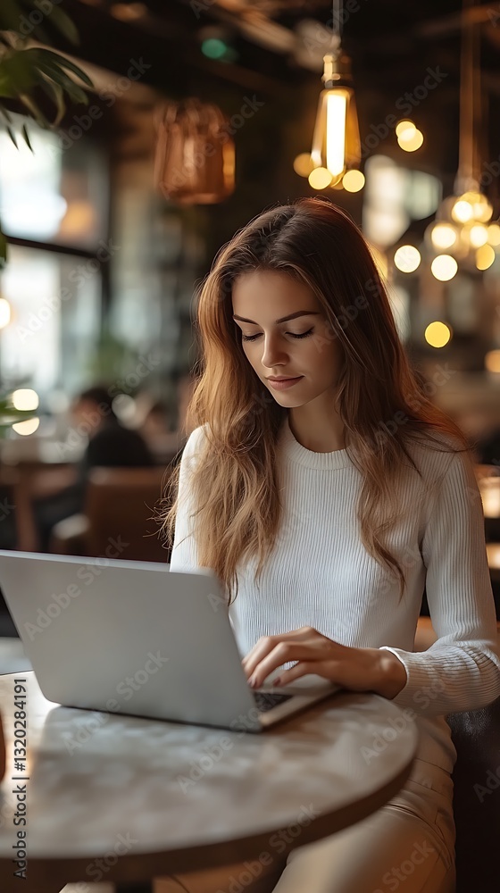 Woman using laptop in cafe. Woman using laptop in cafe.