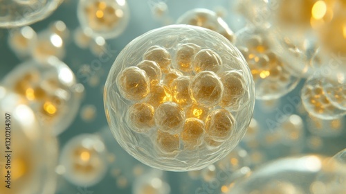 Embryonic stem cell cluster forming spheroid structure, internal cellular components visible through semi-transparent membranes, subtle bioluminescent glow, dramatic depth of field, cellular matrix