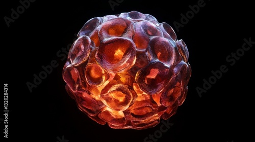 Embryonic stem cell cluster forming spheroid structure, internal cellular components visible through semi-transparent membranes, subtle bioluminescent glow, dramatic depth of field, cellular matrix