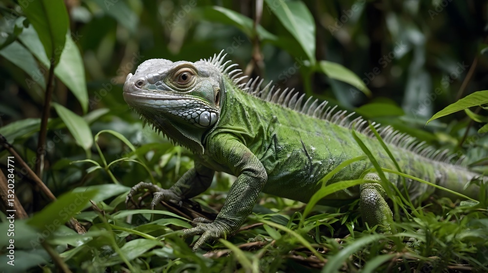 Obraz premium Baby Iguana Blending with Green Vegetation in Forest