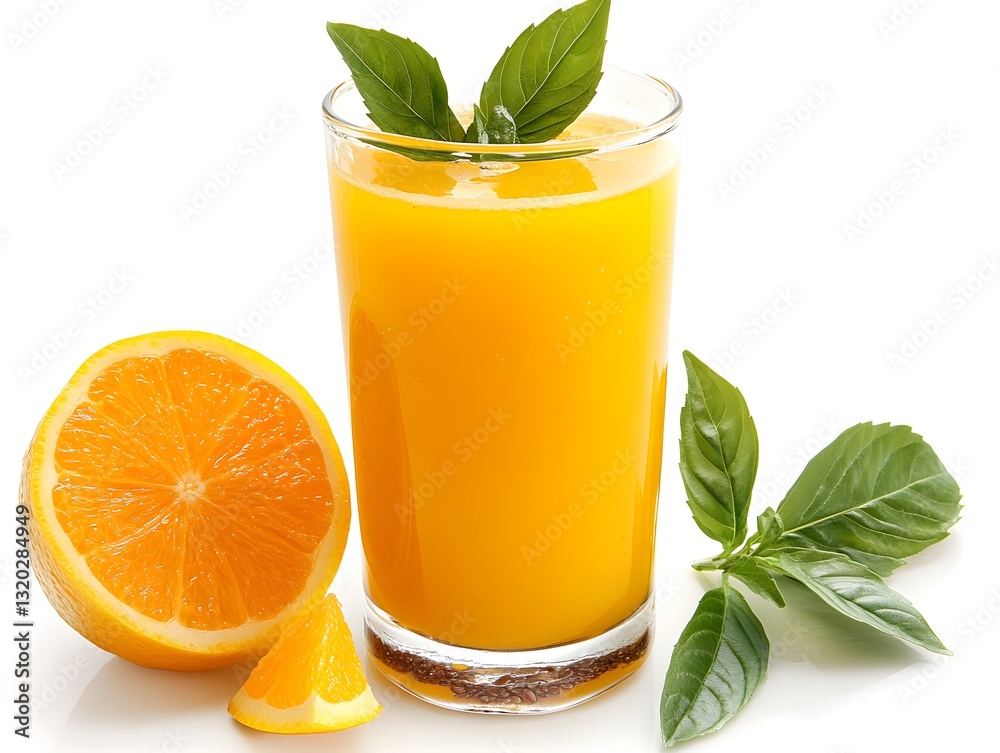 Fototapeta premium A refreshing glass of orange juice isolated on a white background for healthy beverage and nutrition photography