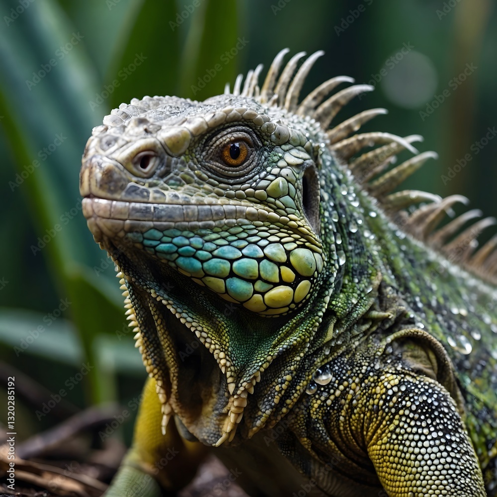 Fototapeta premium Iguana Scales in Morning Mist of Jungle