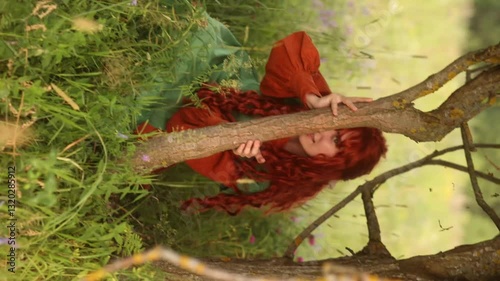 A cheerful red-haired woman in a vintage red and green dress playfully hides behind a small tree,peeking out with a mischievous smile.Rural scene evokes curiosity,flirtation and a sense of adventure.
