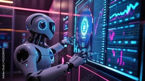 Robot interacting with interactive display.  Data analysis, automated financial systems