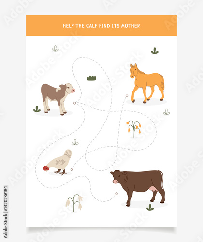 Puzzle game for children, find the mother of the calf. Childrens worksheet maze with a task.