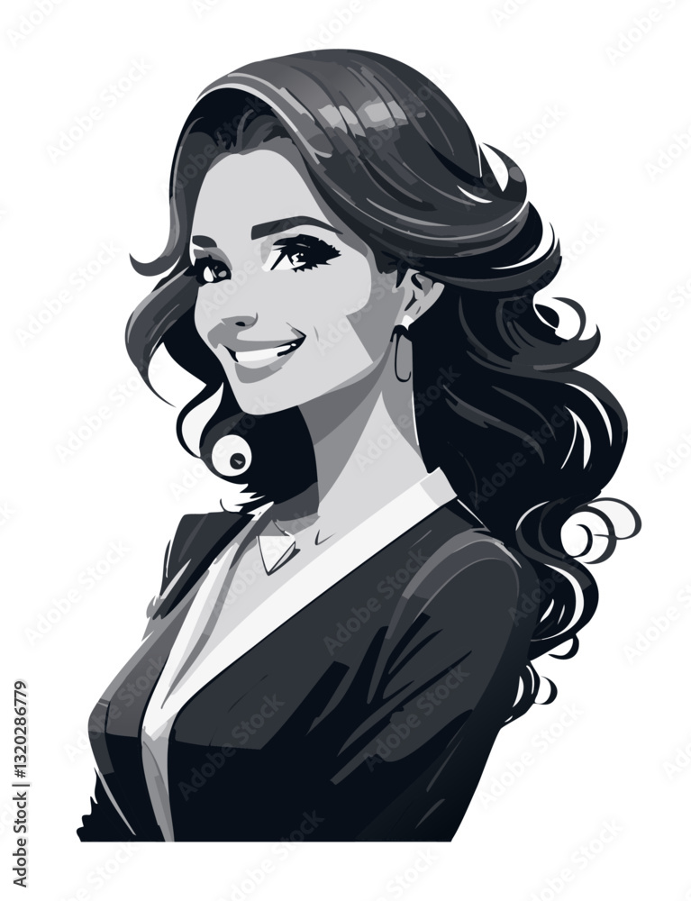 Dazzling woman smiling over shoulder, confidence and charm. Black and white image, vector. Dazzling woman smiling over shoulder, confidence and charm. Black and white image, vector.